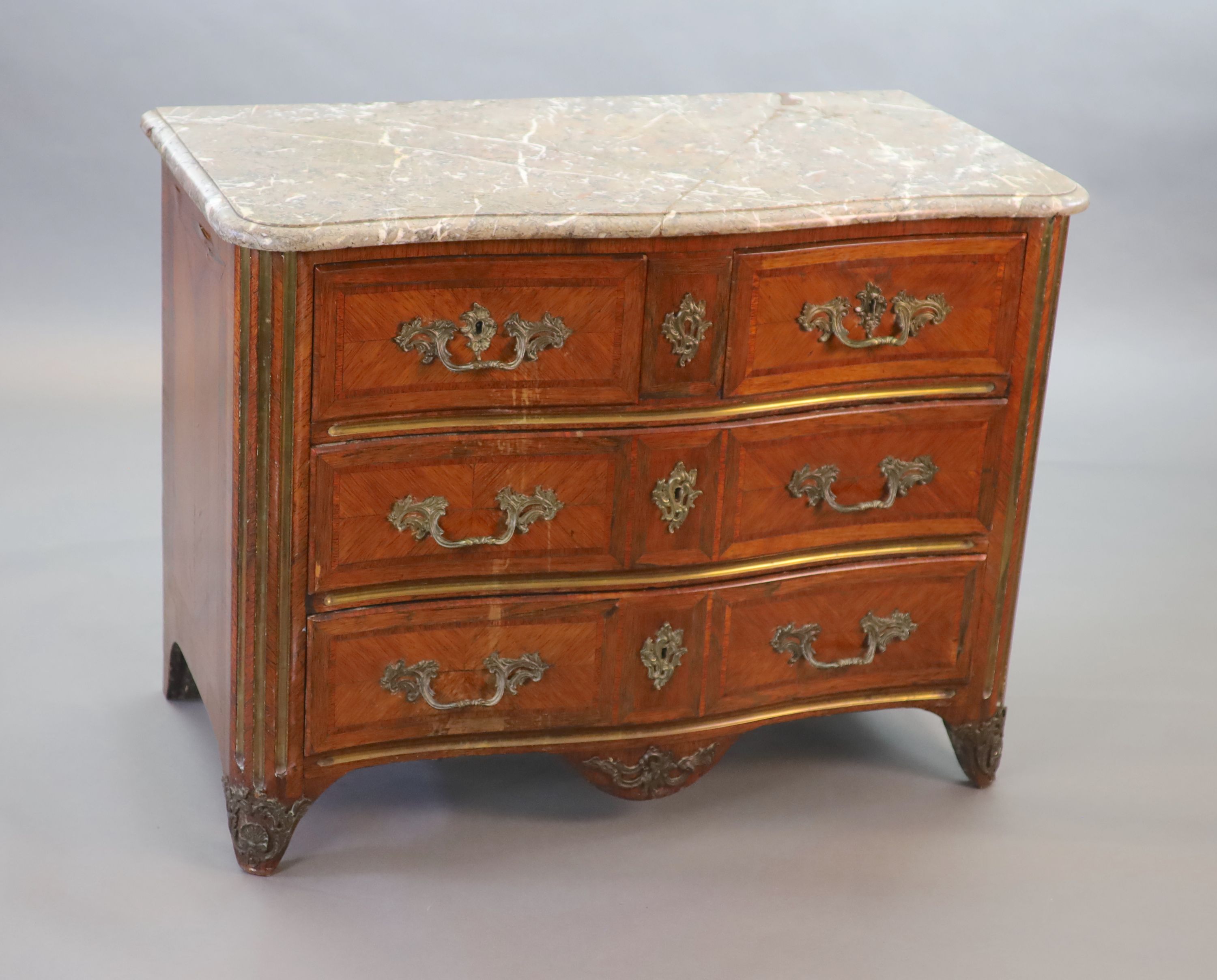 A Louis XVI parquetry serpentine commode, W.113cm D.58cm H.85cm